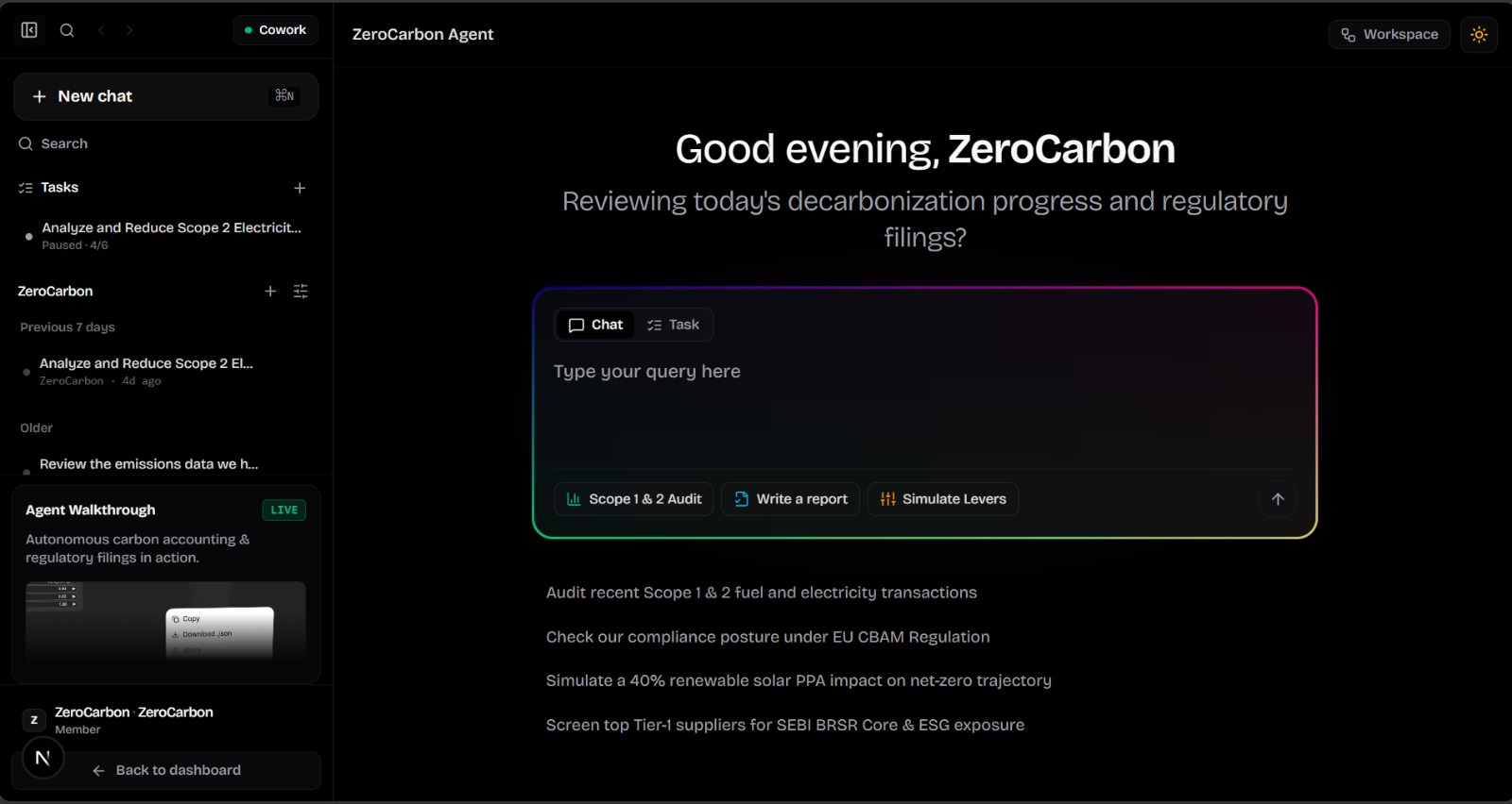 ZeroCarbon Autonomous AI Agent Interface
